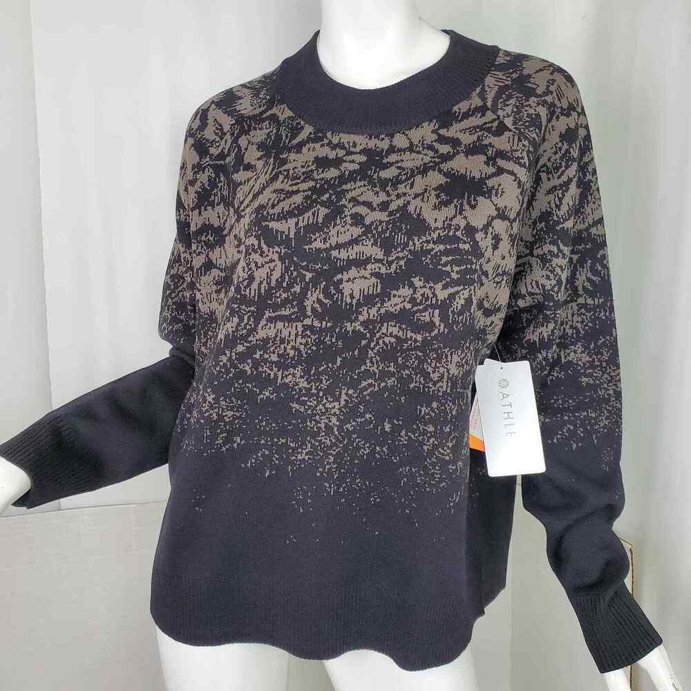 Athleta Jacquard Crew Pullover Sweater Top S Small Merino Wool Black Brown